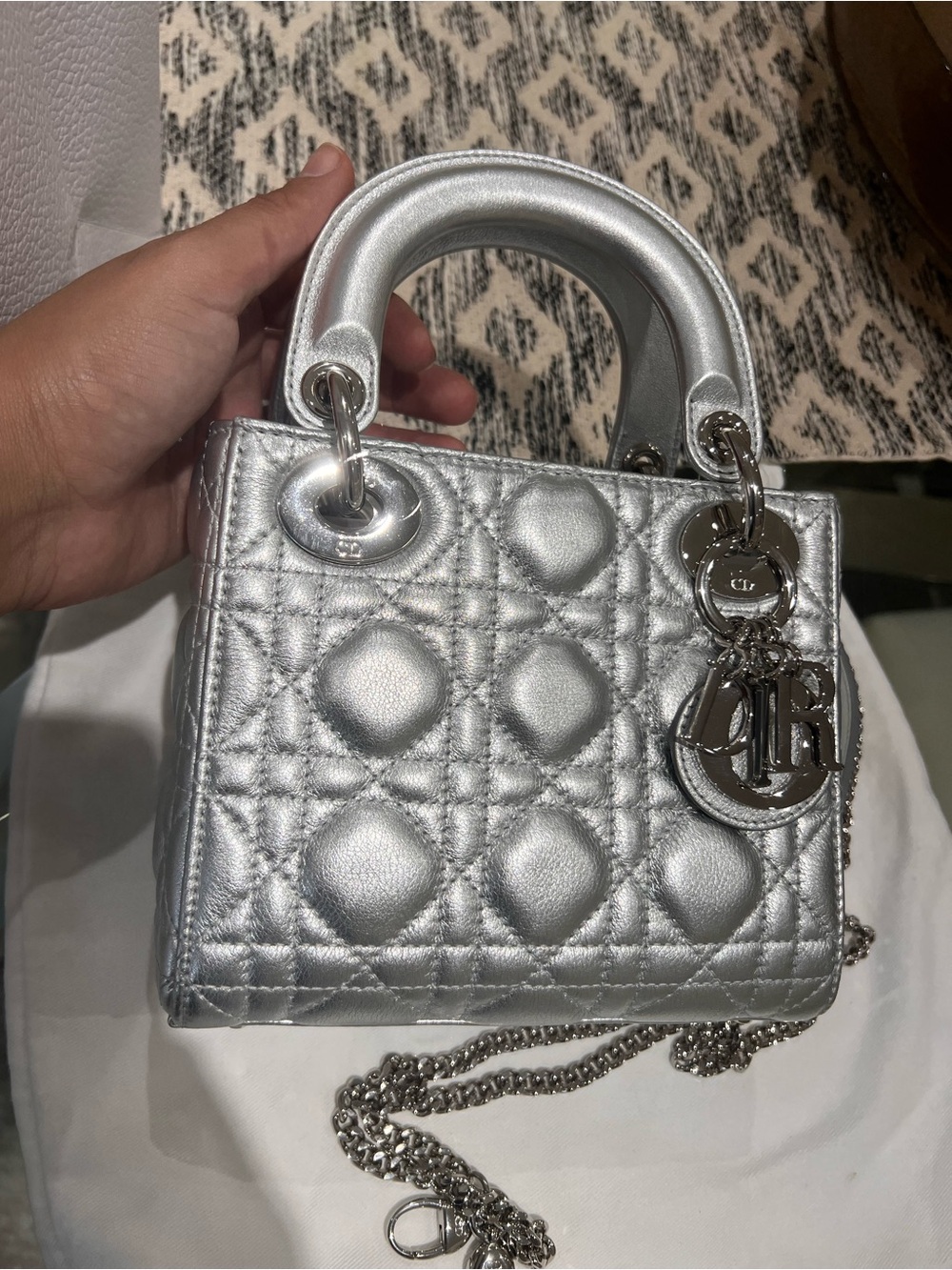 Dior Silver Quilted Mini Lady Tote
